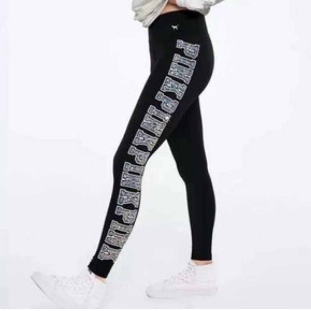 NWOT Victoria’s Secret Pink Black Cotton Yoga Leggings Medium XL Sequin Bling VS